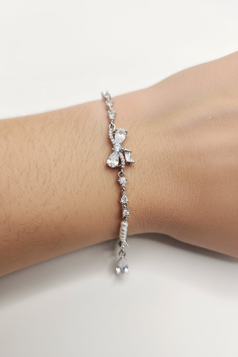 Bow Tie Stone Crystal Chain Pearl Adjustable Bracelet for Women; Great for Gifting