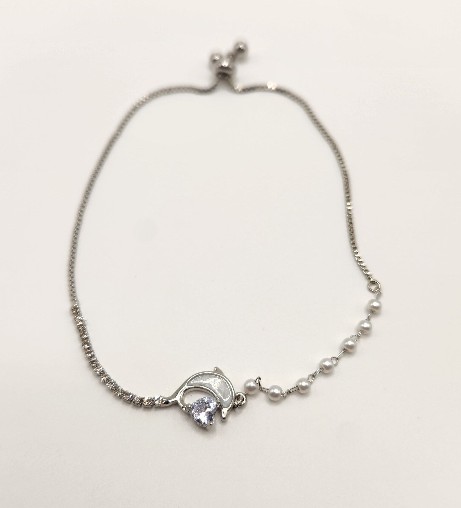 Dolphin & Love Pendant Pearl Rhinestone Chain Bracelet Jewelry for Women; Adjustable fit; Sensitive Skin; Perfect for Gifting