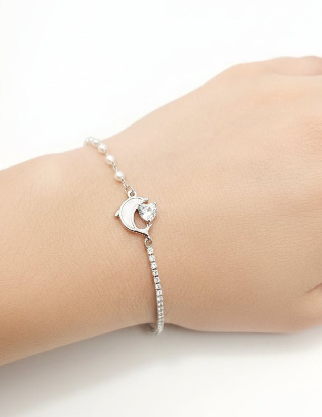 Dolphin & Love Pendant Pearl Rhinestone Chain Bracelet Jewelry for Women; Adjustable fit; Sensitive Skin; Perfect for Gifting